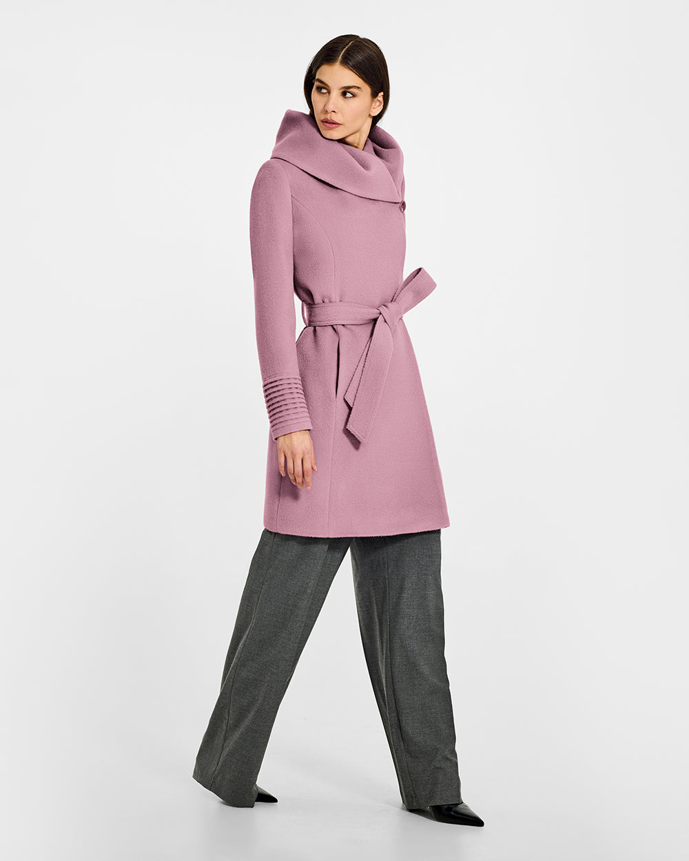 Sentaler Mid Length Hooded Wrap Peony Pink Coat in Baby Alpaca wool. Seen from side belted on female model.