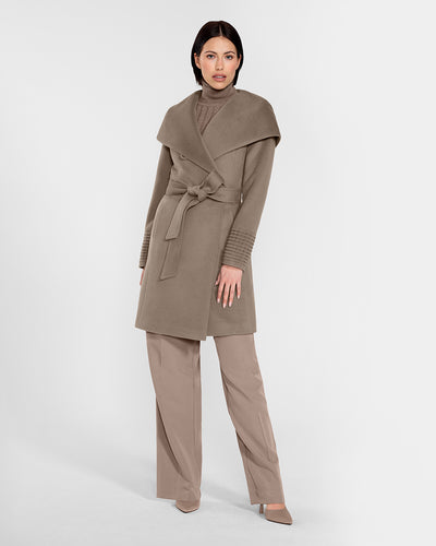 Sentaler Mid Length Hooded Wrap Warm Taupe Coat in Baby Alpaca wool. Seen from front belted on female model.