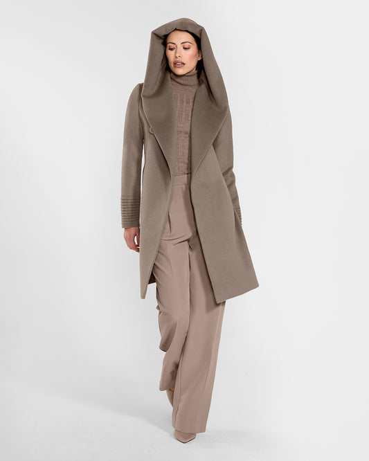 Sentaler Mid Length Hooded Wrap Warm Taupe Coat in Baby Alpaca wool. Seen from front open with hood on female model.