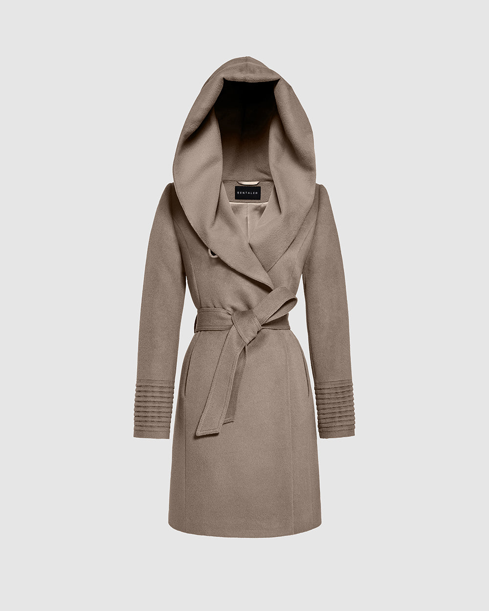 Sentaler Mid Length Hooded Wrap Warm Taupe Coat in Baby Alpaca wool. Seen as belted off figure with hood.