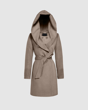 Sentaler mid length warm taupe coat made of baby alpaca wool with a hooded collar, belted.