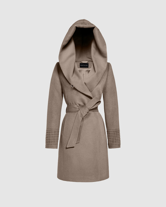 Sentaler mid length warm taupe coat made of baby alpaca wool with a hooded collar, belted.