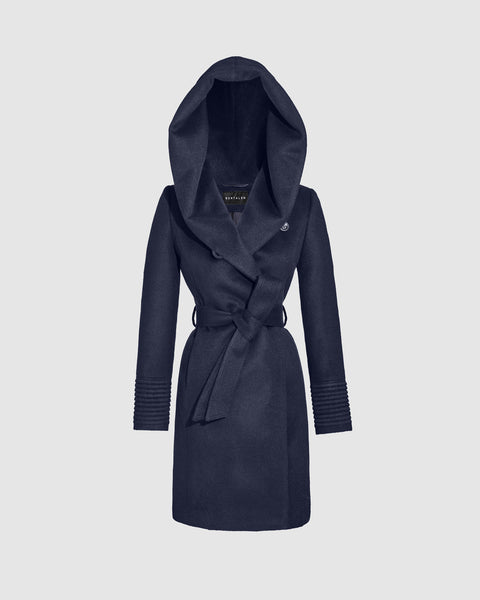 Mid Length Hooded Wrap Deep Navy Coat | SENTALER