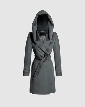 Sentaler Baby Alpaca Mid Length Hooded Wrap Graphite Grey Coat. Seen as belted off figure with hod.
