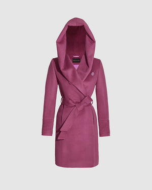 Sentaler Mid Length Hooded Wrap Mauve Pink Coat in Baby Alpaca wool. Seen as belted off figure with hood.