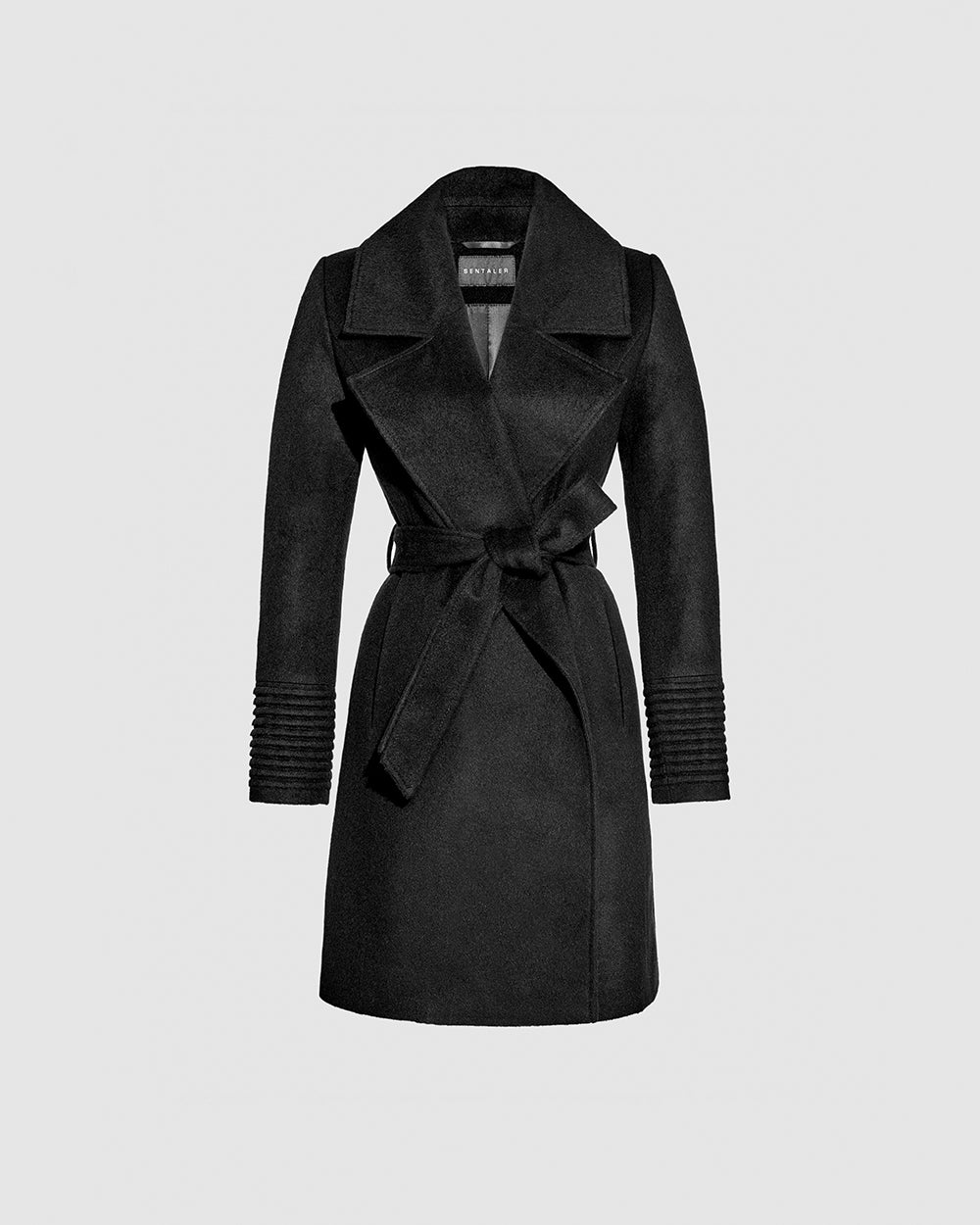 Sentaler Mid Length Large Notched Collar Wrap Black Coat in Baby Alpaca wool. Seen as belted off figure.