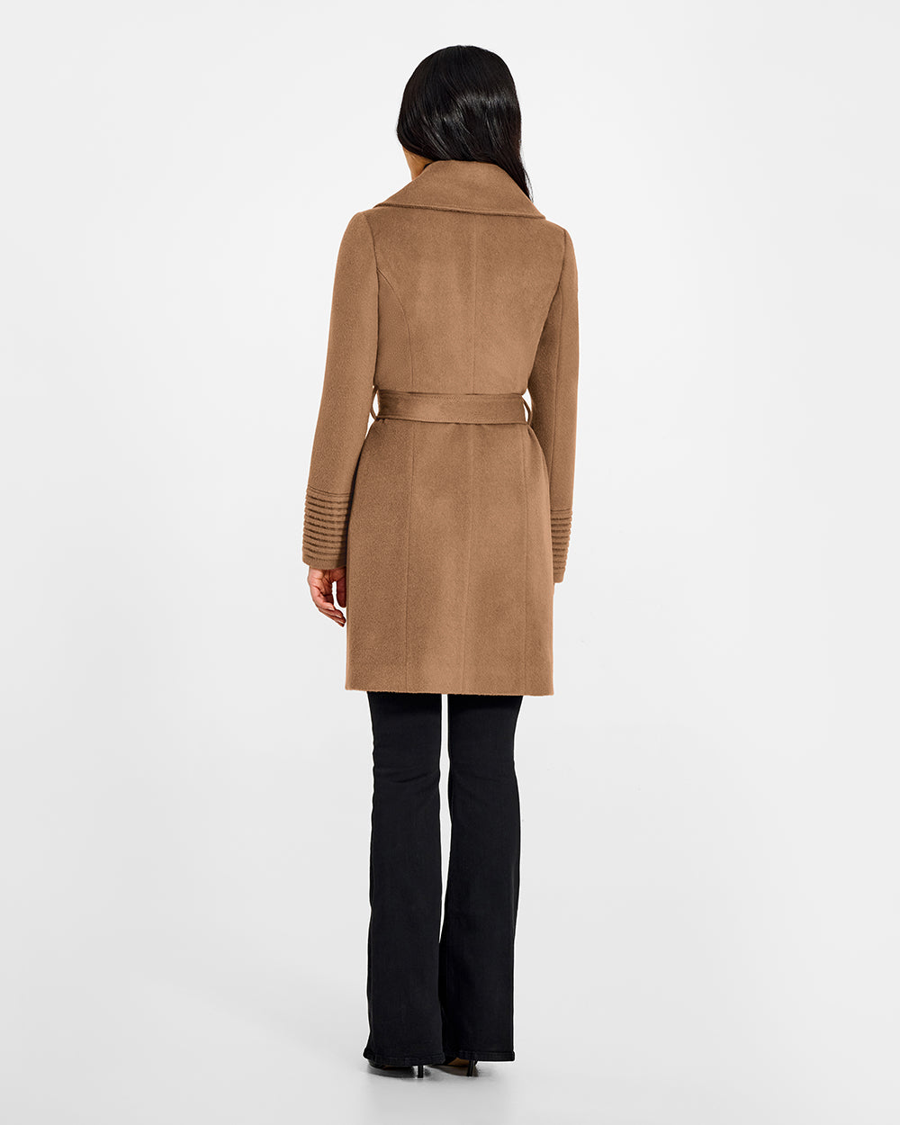 Sentaler Large Notched Collar Wrap Dark Camel Coat in Baby Alpaca wool. Seen from back on female model.