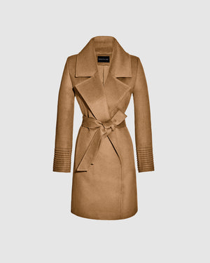 Sentaler mid length dark camel coat made of baby alpaca wool with a large notched collar, belted.