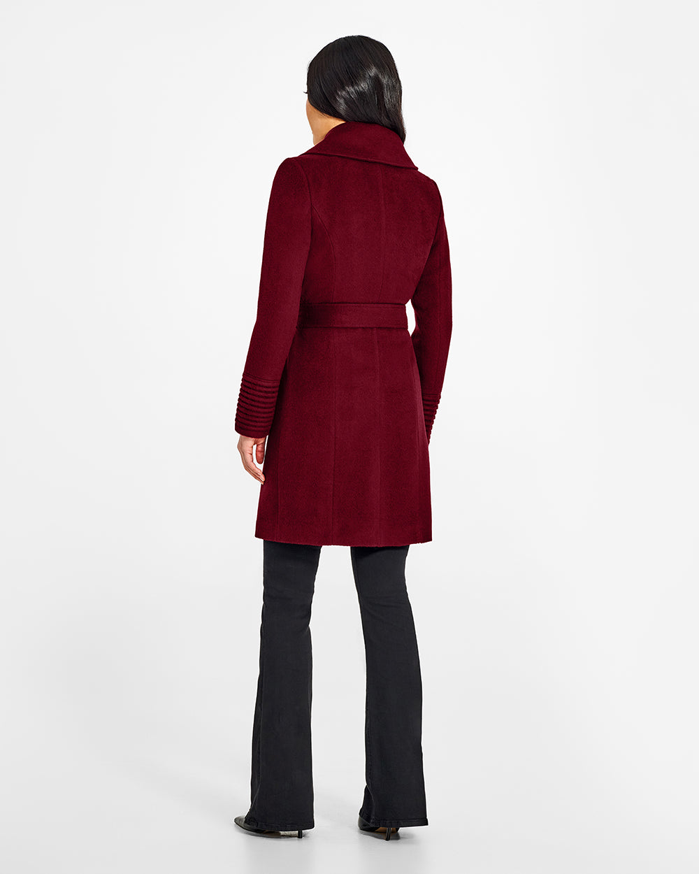 Sentaler Large Notched Collar Wrap Garnet Red Coat in Baby Alpaca wool. Seen from back belted on female model.