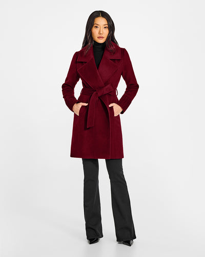 Sentaler Large Notched Collar Wrap Garnet Red Coat in Baby Alpaca wool. Seen from front belted on female model.