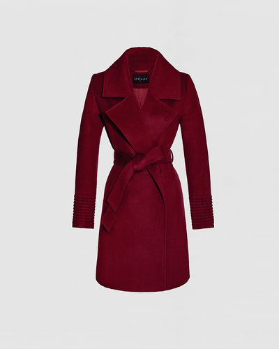 Sentaler Large Notched Collar Wrap Garnet Red Coat in Baby Alpaca wool. Seen as belted off figure.