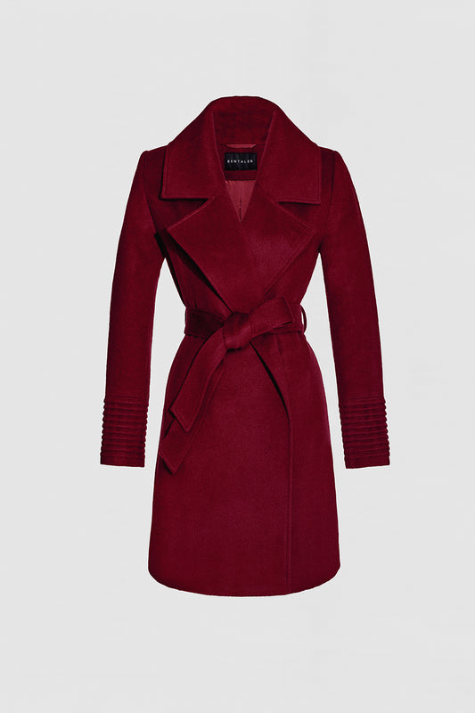 Sentaler Large Notched Collar Wrap Garnet Red Coat in Baby Alpaca wool. Seen as belted off figure.