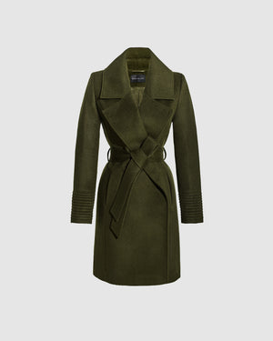 Sentaler mid length olive green coat with large notched collar in baby alpaca wool, shown belted.