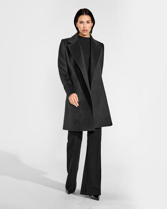 Sentaler Mid Length Notched Collar Wrap Black Coat in Baby Alpaca wool. Seen from front open on female model.