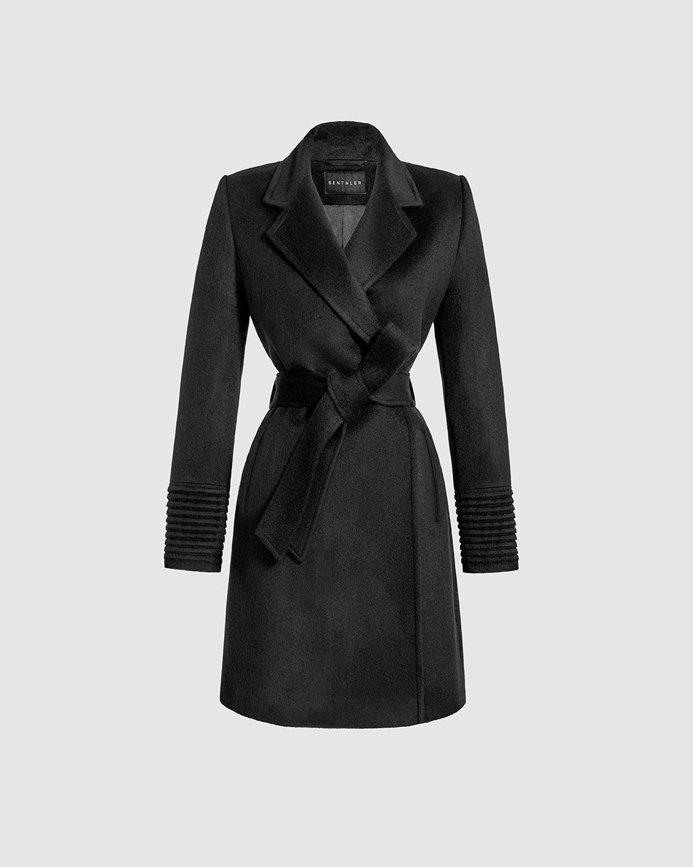 Sentaler Mid Length Notched Collar Wrap Black Coat in Baby Alpaca wool. Seen as belted off figure.