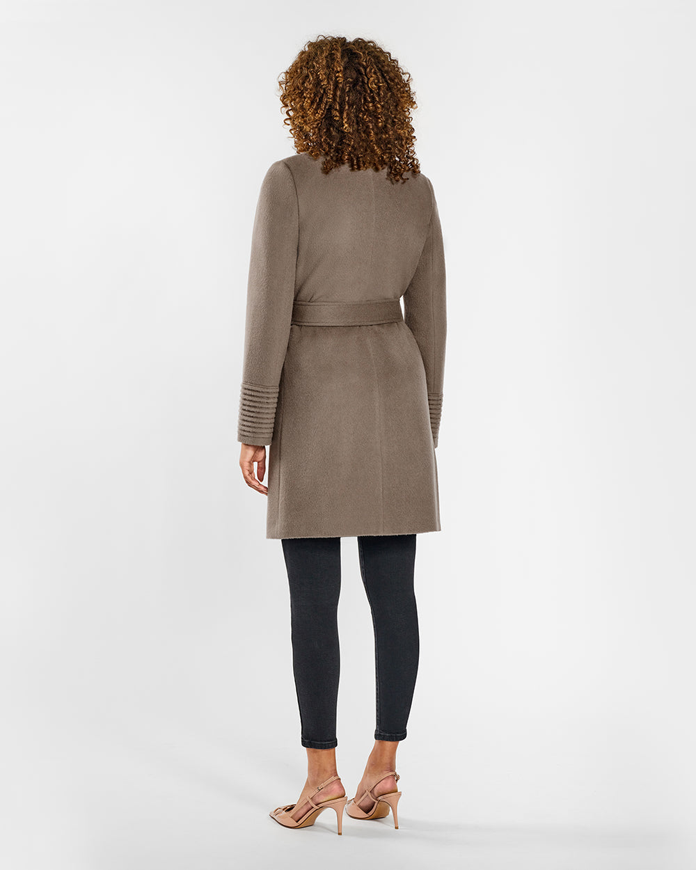 Sentaler Mid Length Notched Collar Wrap Warm Taupe Coat in Baby Alpaca wool. Seen from back belted on female model.