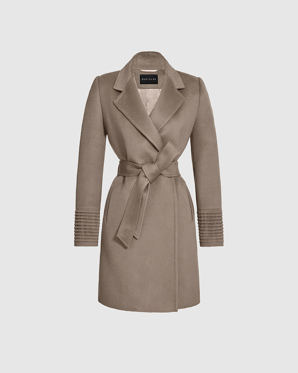 Sentaler Mid Length Notched Collar Wrap Warm Taupe Coat in Baby Alpaca wool. Seen as belted off figure.