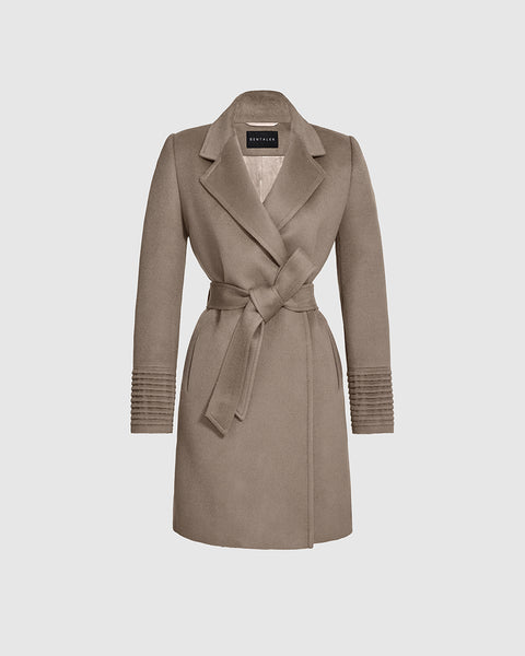 Mid Length Notched Collar Wrap Warm Taupe Coat | SENTALER