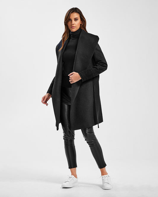 Sentaler Mid Length Shawl Collar Wrap Black Coat in Baby Alpaca wool. Seen from front open on female model.