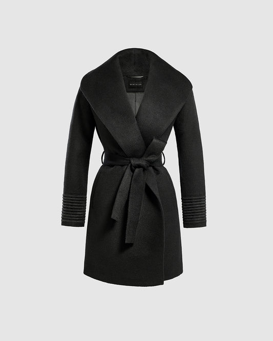 Sentaler Mid Length Shawl Collar Wrap Black Coat in Baby Alpaca wool. Seen as belted off figure.