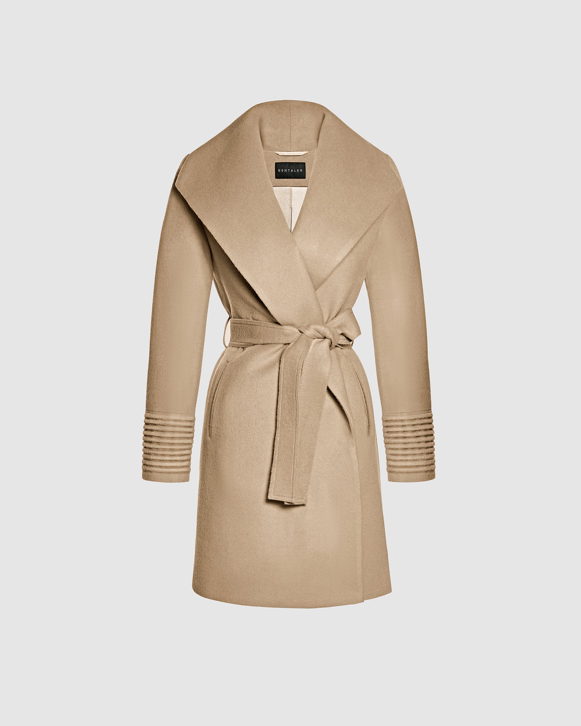 Sentaler camel long wrap coat made of baby alpaca wool with a wide collar, belted.