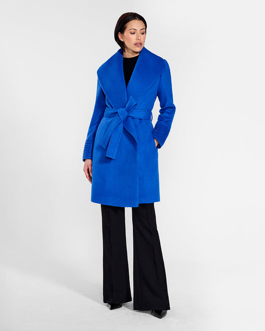 Sentaler Mid Length Shawl Collar Wrap Cobalt Blue Coat in Baby Alpaca wool. Seen from front belted on female model.