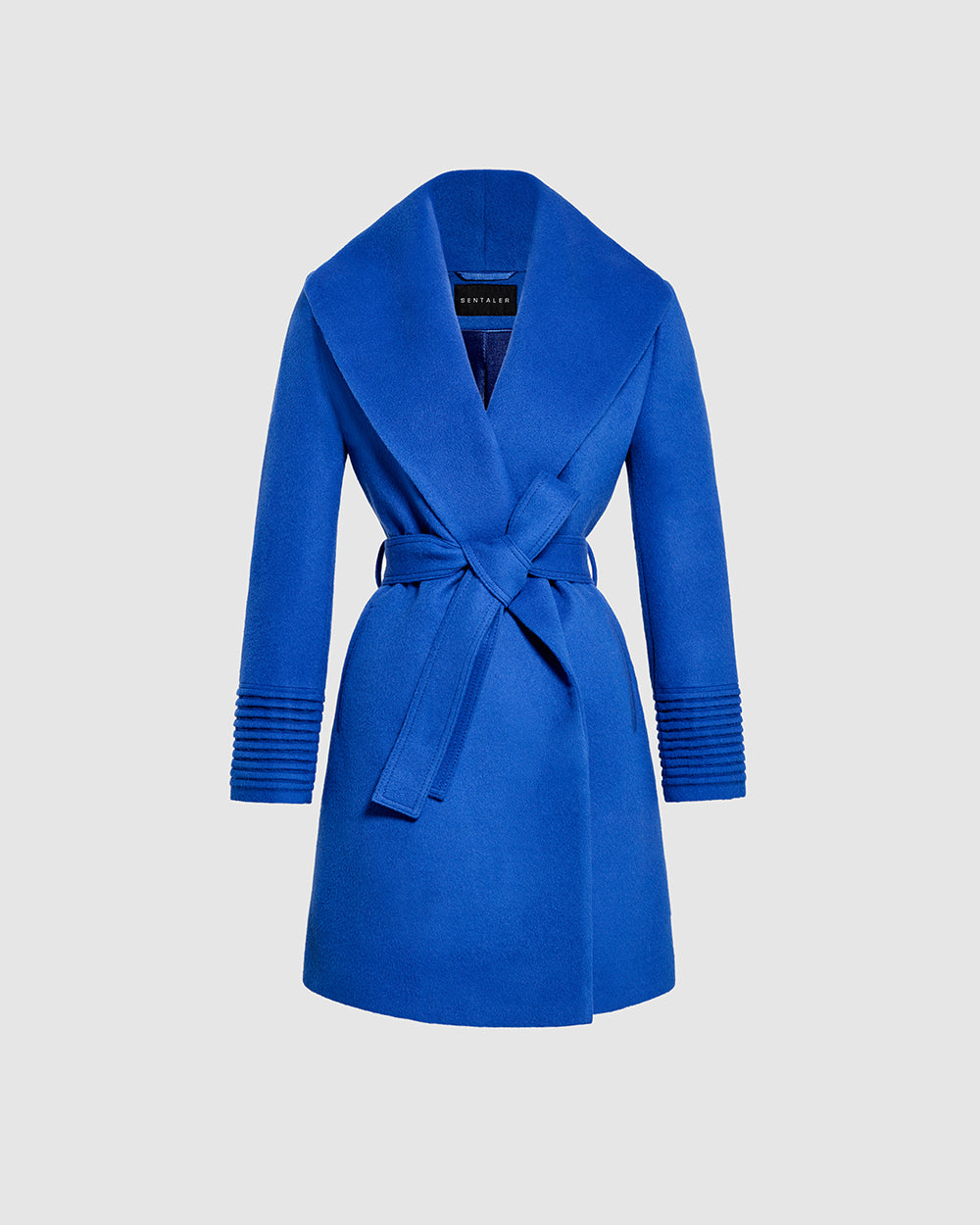 Sentaler Mid Length Shawl Collar Wrap Cobalt Blue Coat in Baby Alpaca wool. Seen as belted off figure.