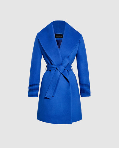 Sentaler Mid Length Shawl Collar Wrap Cobalt Blue Coat in Baby Alpaca wool. Seen as belted off figure.