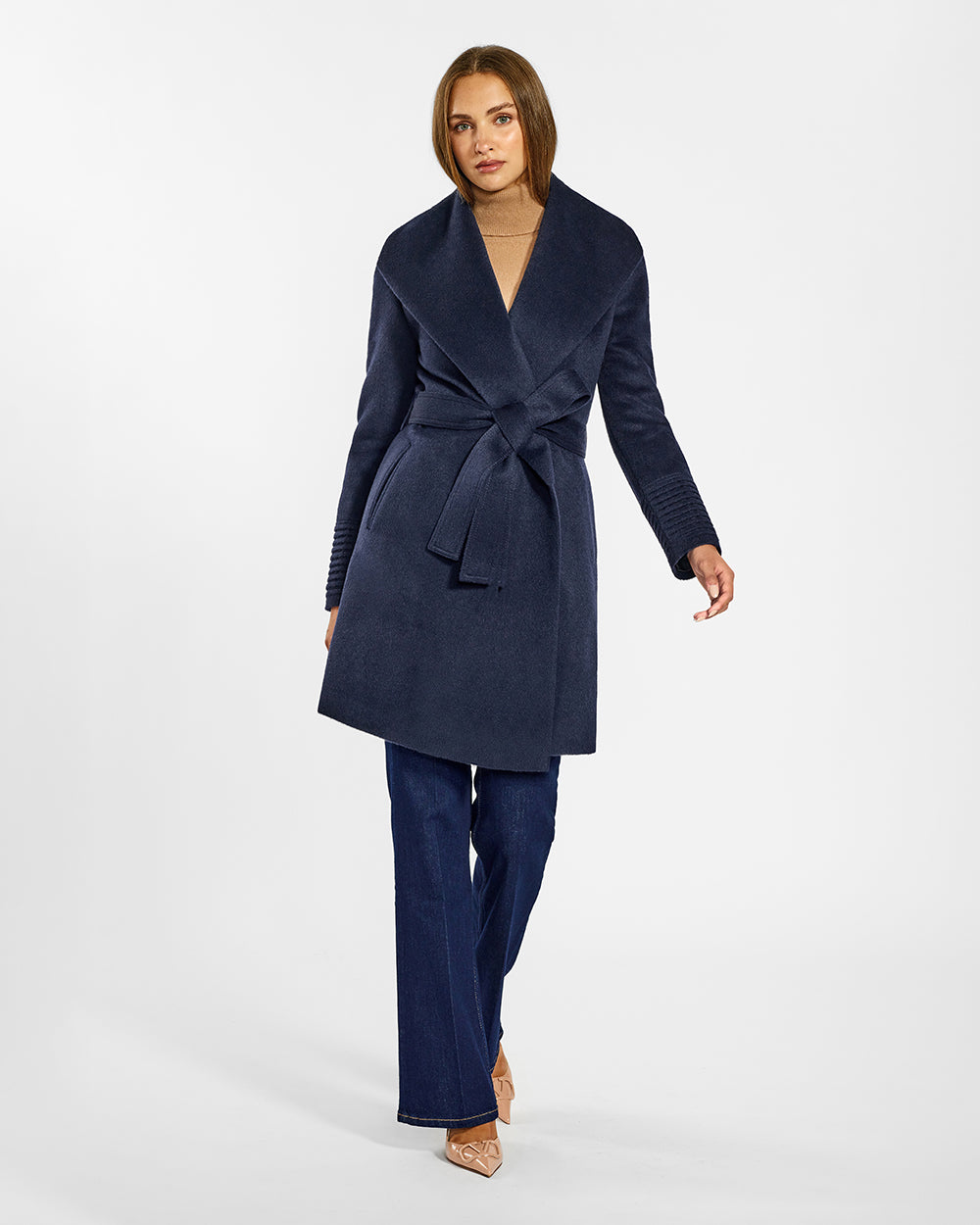 Sentaler Mid Length Shawl Collar Wrap Deep Navy Coat in Baby Alpaca wool. Seen from front belted on female model.