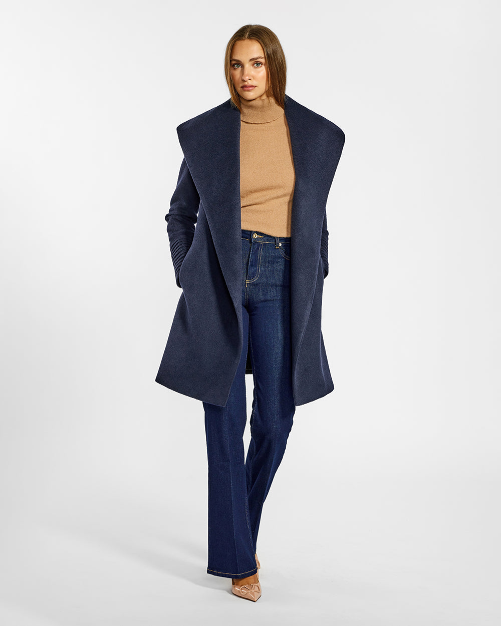 Mid Length Shawl Collar Wrap Deep Navy Coat SENTALER