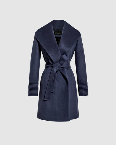 Sentaler Mid Length Shawl Collar Wrap Deep Navy Coat in Baby Alpaca wool. Seen as belted off figure.