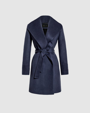 Sentaler mid length deep navy coat made of baby alpaca wool with a shawl collar, belted.