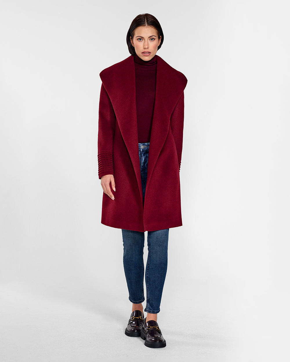 Sentaler Mid Length Shawl Collar Wrap Garnet Red Coat in Baby Alpaca wool. Seen from front open on female model.