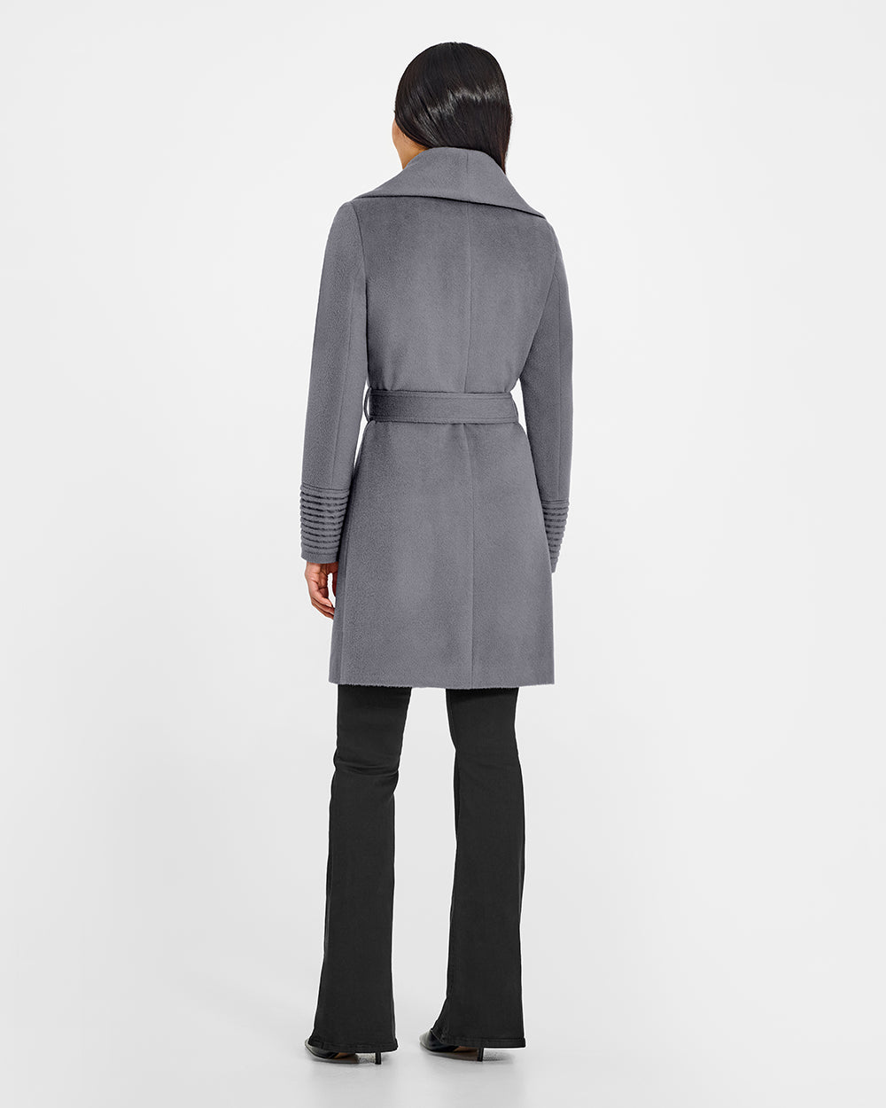 Sentaler Mid Length Shawl Collar Wrap Graphite Coat in Baby Alpaca wool. Seen from back belted on female model.