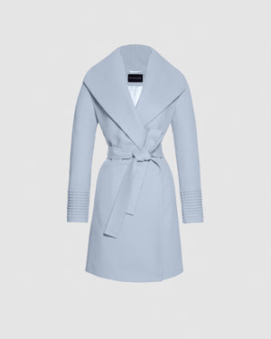 Sentaler mid length powder blue coat made of baby alpaca wool with a shawl collar, belted.
