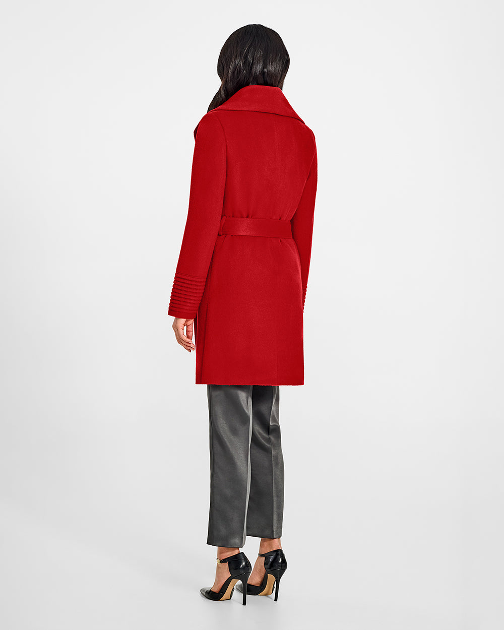 Sentaler Mid Length Shawl Collar Wrap Scarlet Red Coat in Baby Alpaca wool. Seen from back belted on female model.