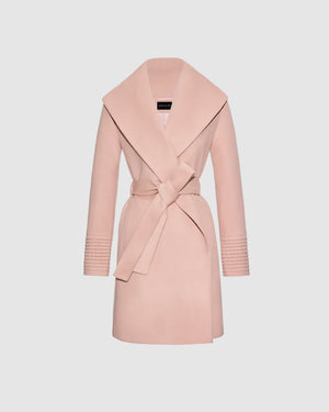 Sentaler mid length blush pink coat made of baby alpaca wool with a shawl collar, belted.
