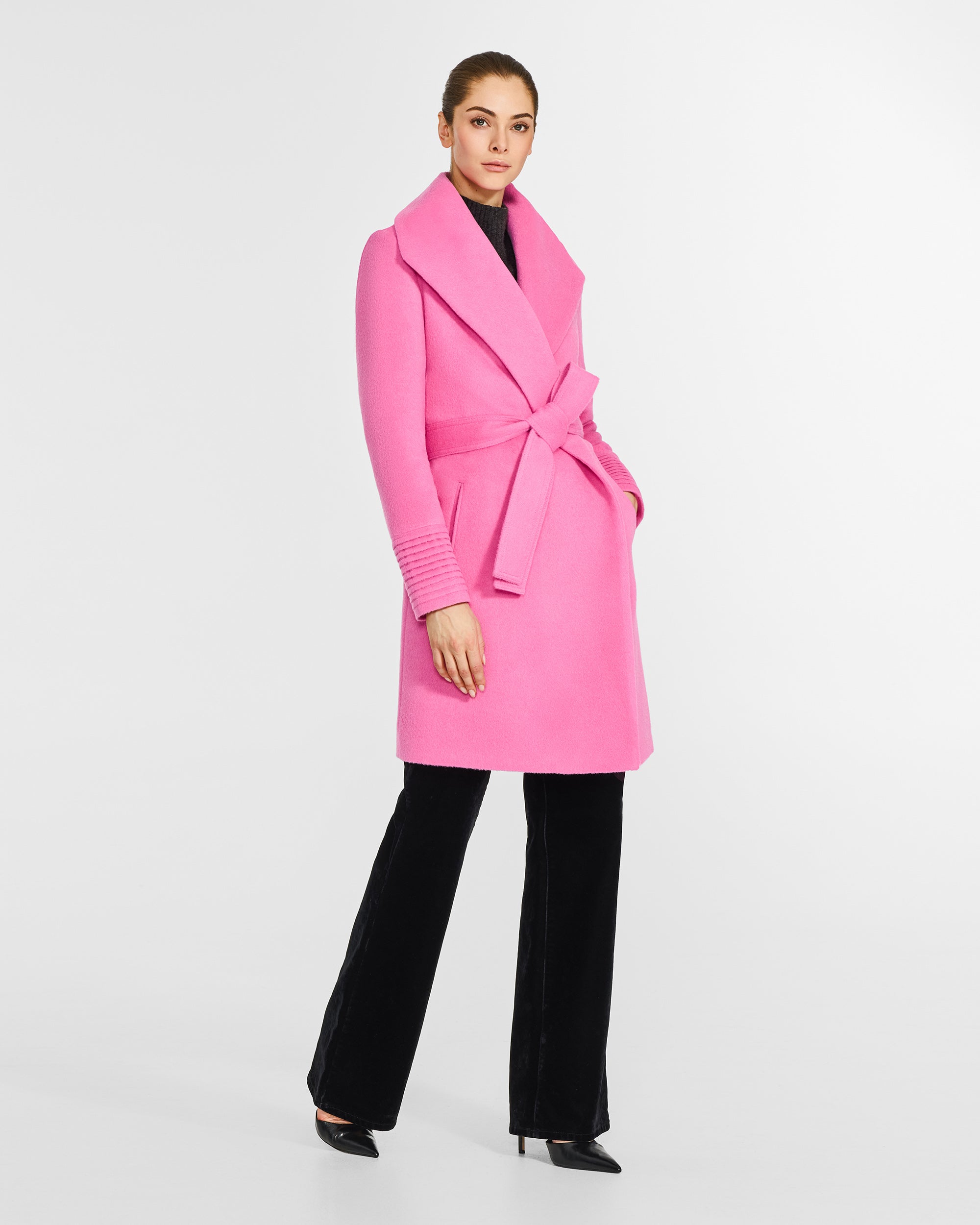 Mid Length Shawl Collar Wrap Cosmetic Pink Coat | SENTALER