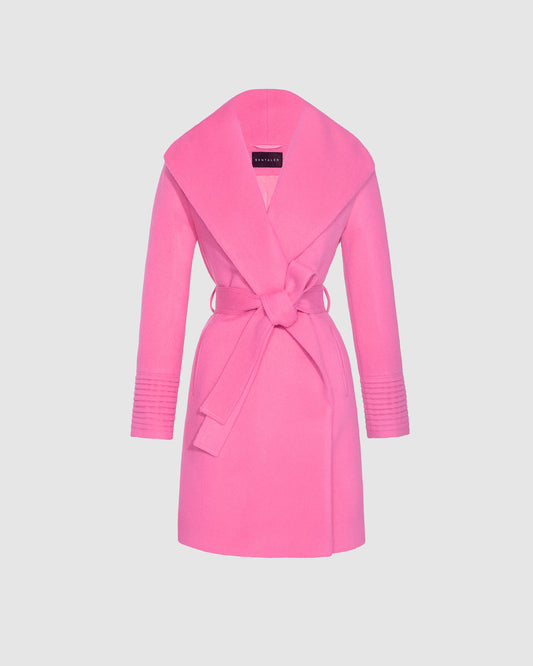 Sentaler mid length cosmetic pink coat made of baby alpaca wool with a shawl collar, belted.
