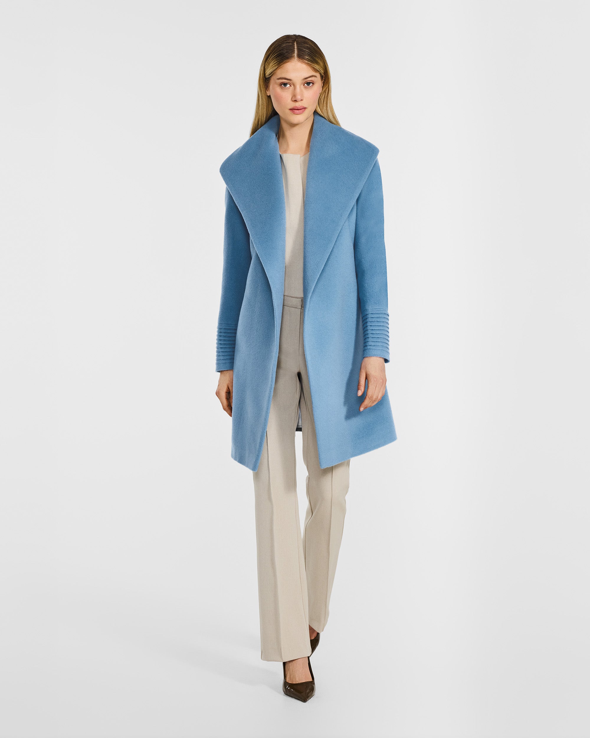 Mid Length Shawl Collar Wrap Coat - Steel Blue – SENTALER