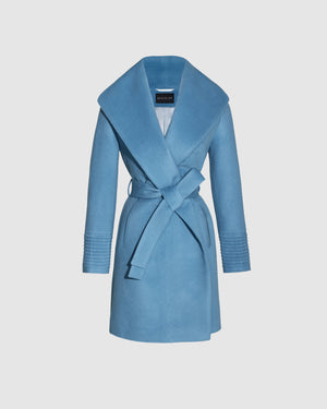 Sentaler Baby Alpaca Mid Length Shawl Collar Wrap Steel Blue Coat in Baby Alpaca wool. Seen as belted off figure.