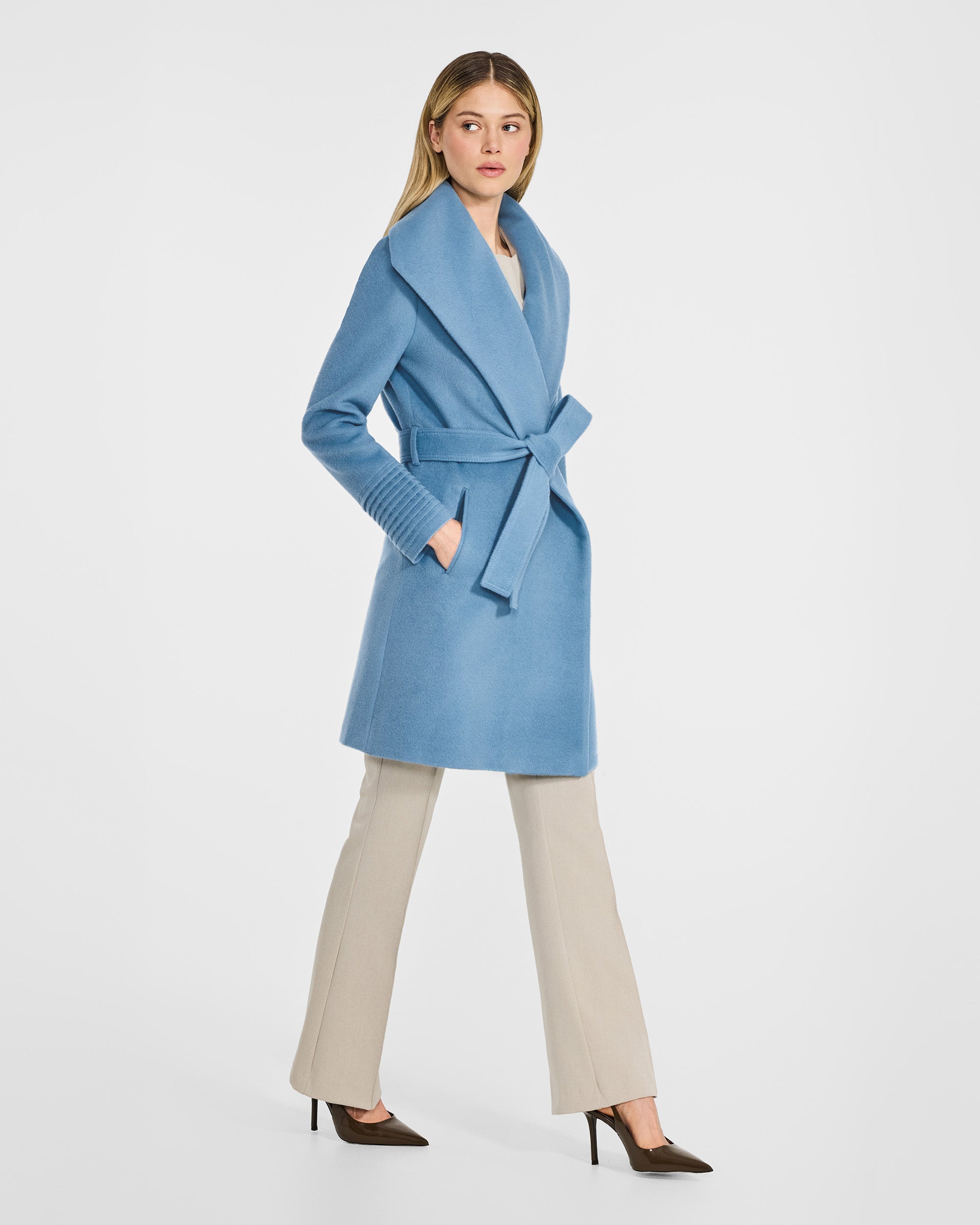 Mid Length Shawl Collar Wrap Steel Blue Coat | SENTALER