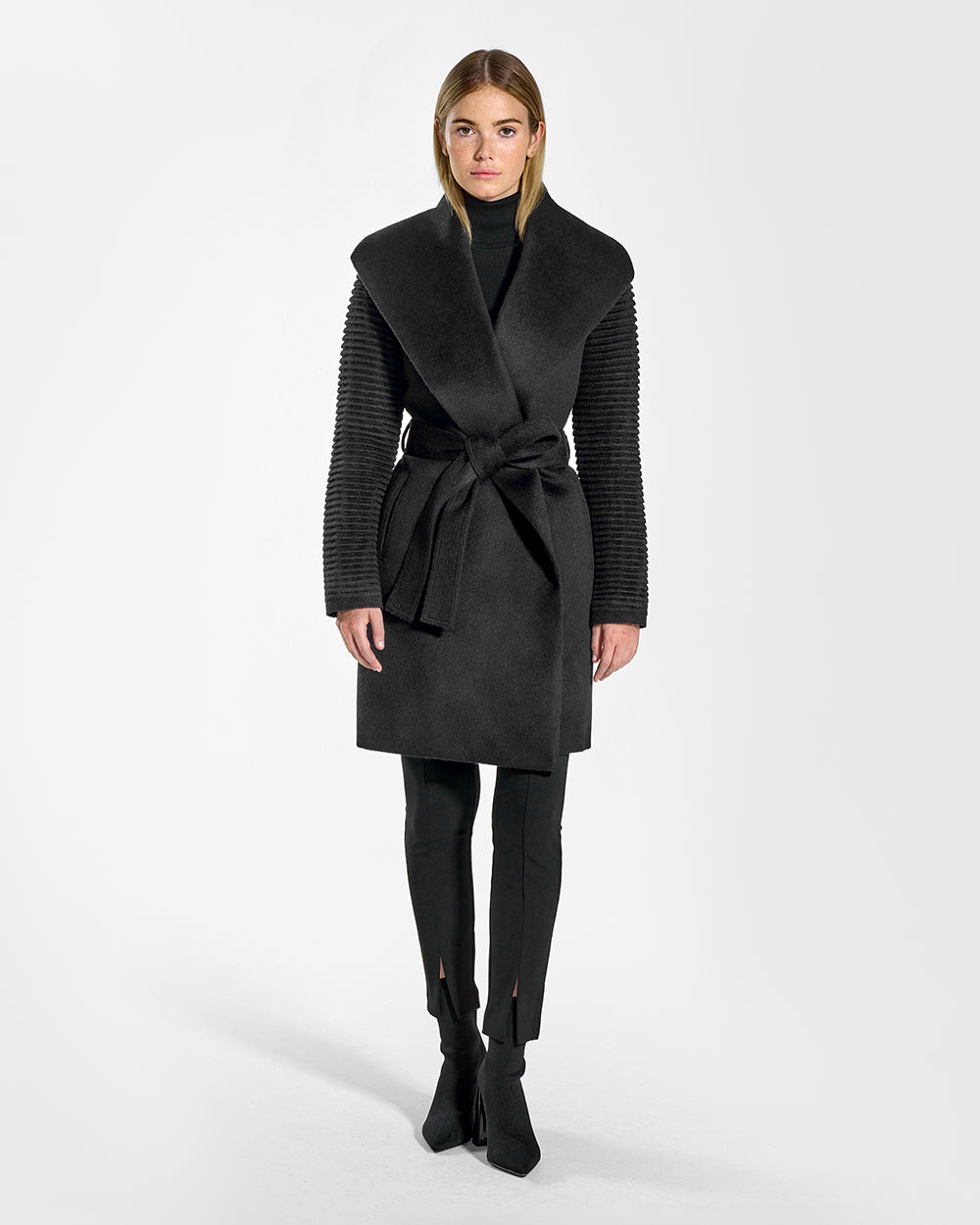 Ribbed Sleeves Shawl Collar Wrap Black Coat | SENTALER