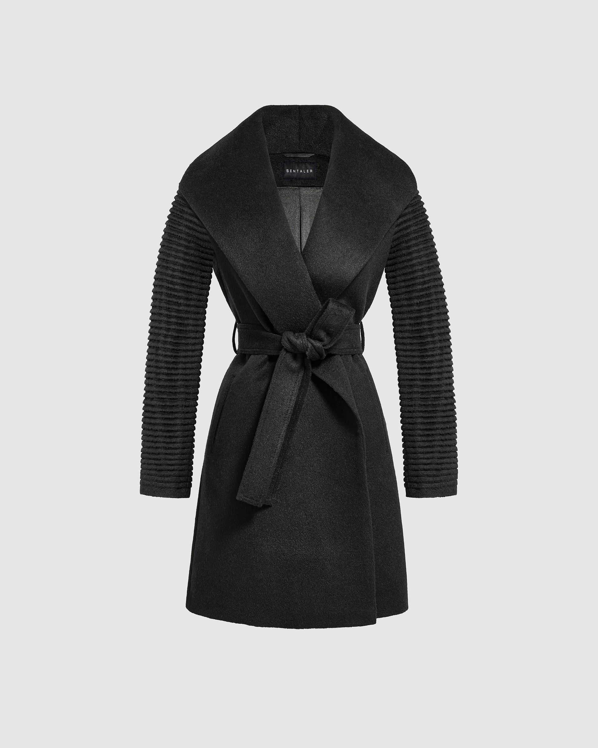 Sentaler mid length black wrap coat made of baby alpaca wool with ribbed sleeves, belted.