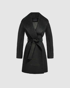 Sentaler mid length black wrap coat made of baby alpaca wool with ribbed sleeves, belted.