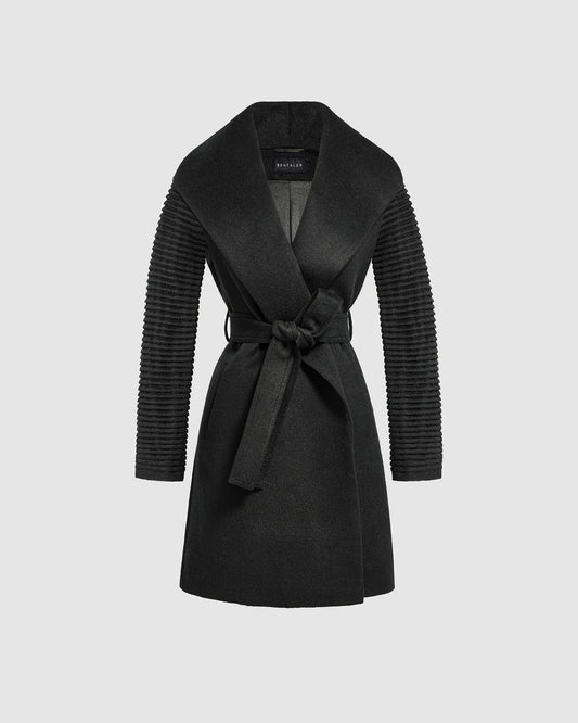 Sentaler mid length black wrap coat made of baby alpaca wool with ribbed sleeves, belted.