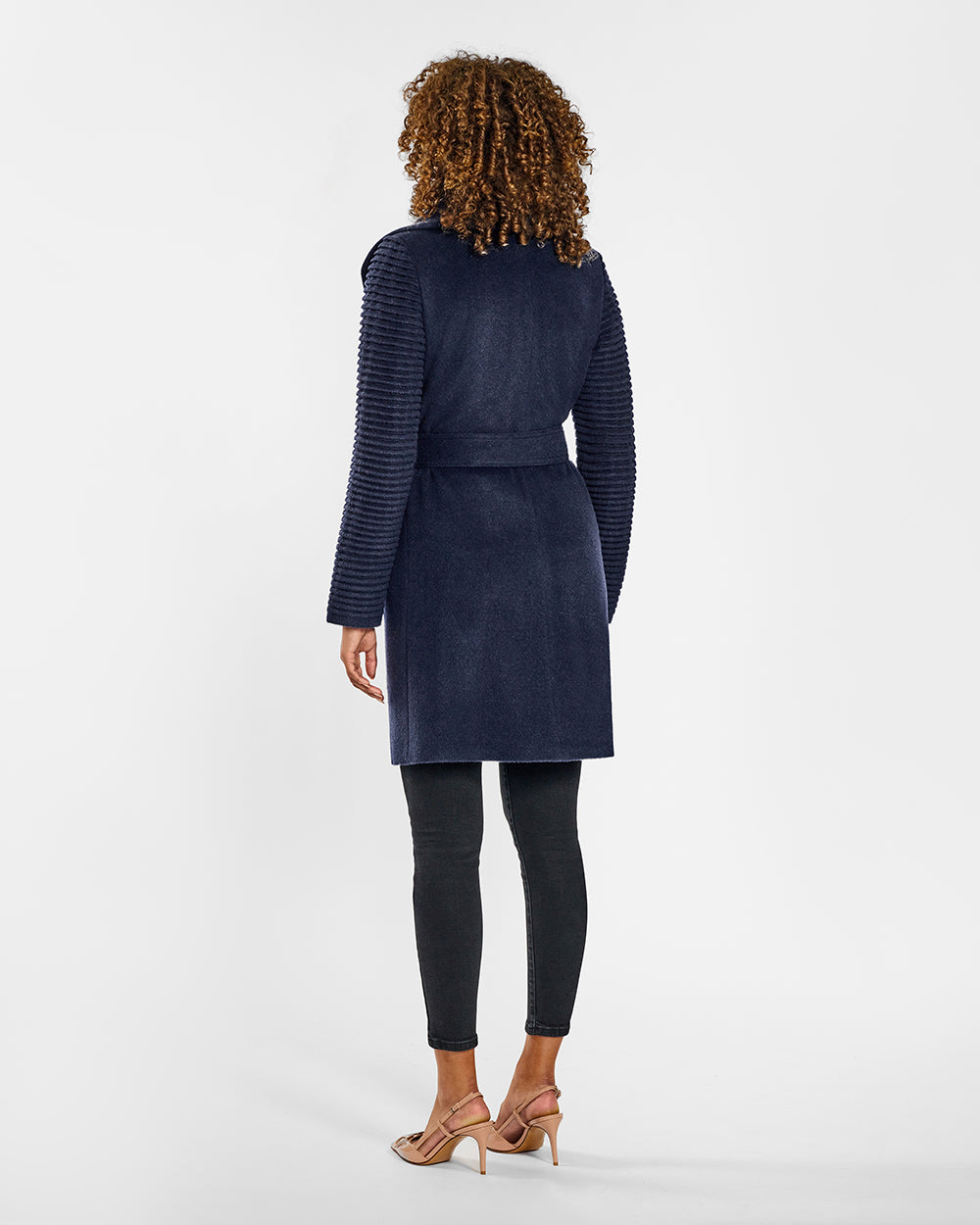 Sentaler Ribbed Sleeves Shawl Wrap Deep Navy Coat in Baby Alpaca wool. Seen from back belted on female model.