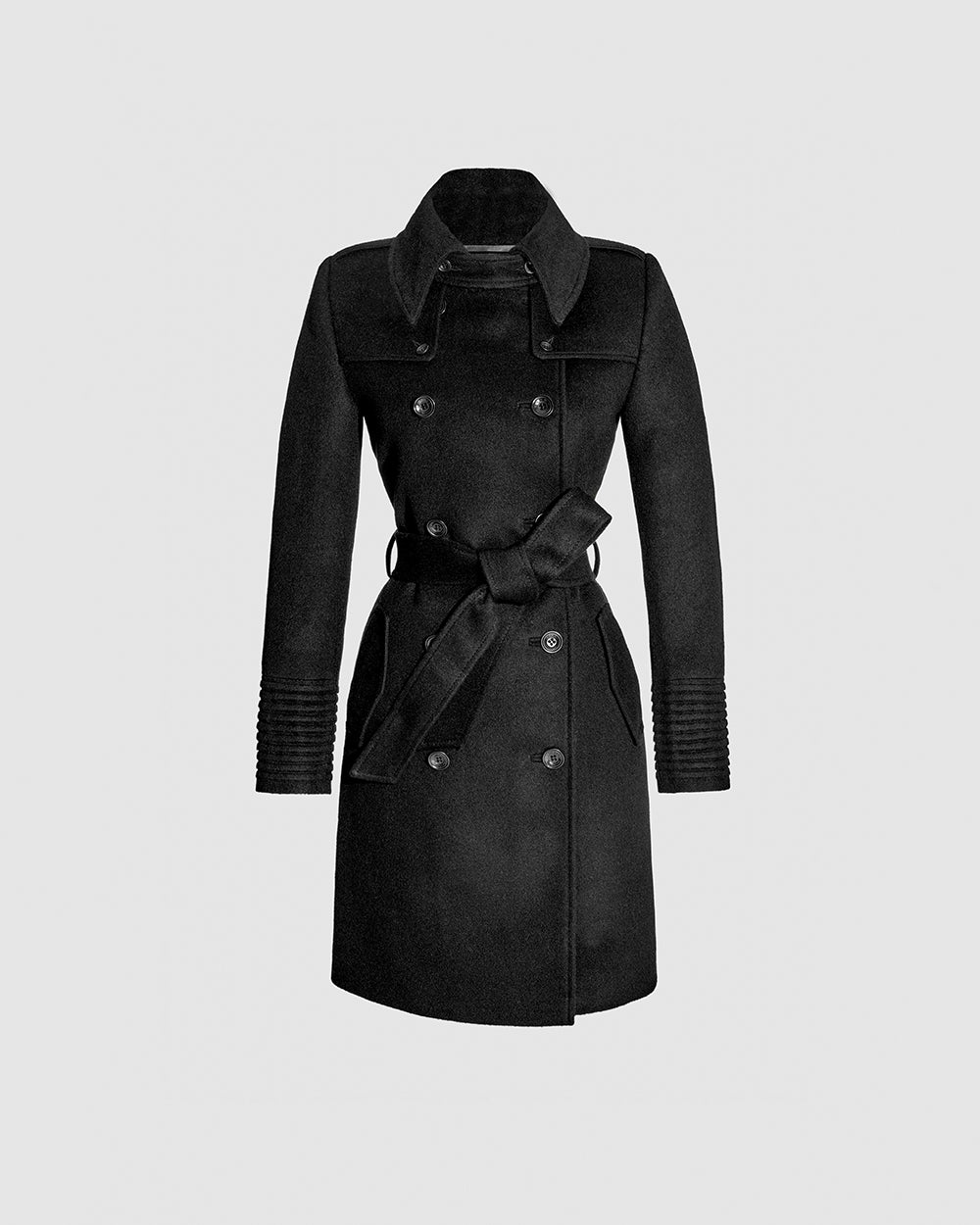 Sentaler Mid Length Trench Black Coat in Baby Alpaca wool. Seen as belted off figure.