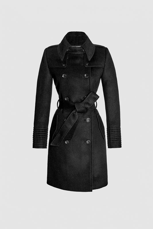 Sentaler Mid Length Trench Black Coat in Baby Alpaca wool. Seen as belted off figure.