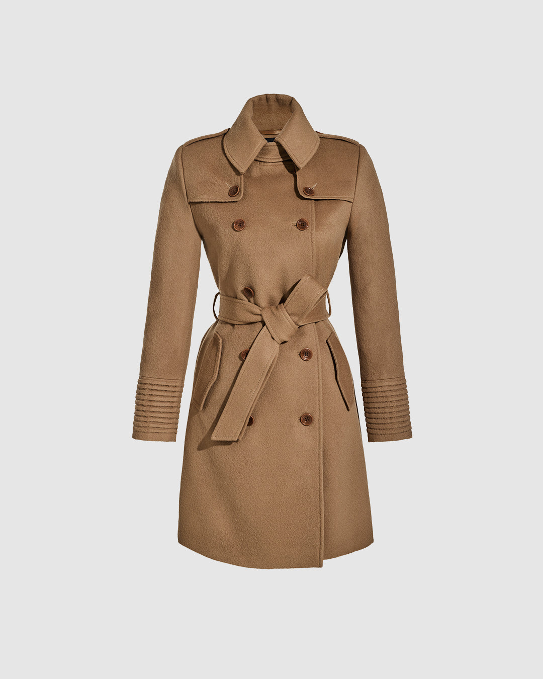 Sentaler mid length dark camel trench coat made of baby alpaca wool with a spread collar, buttoned and belted.